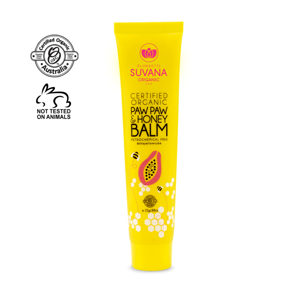 Suvana paw paw & honey balm. certified organic. not tested on animals
