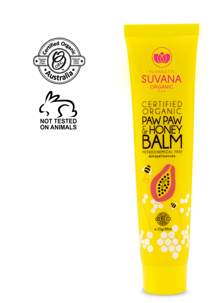 Suvana paw paw & honey balm. certified organic. not tested on animals